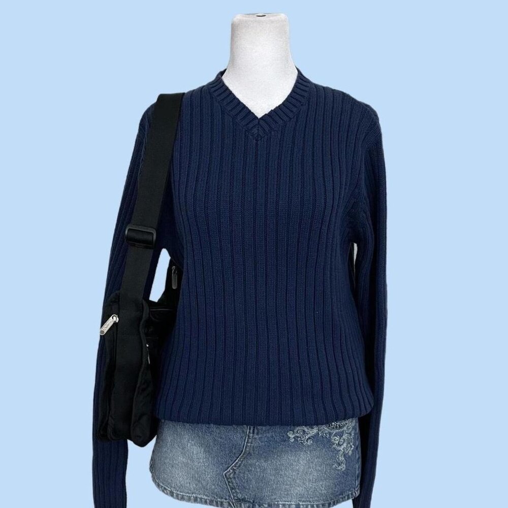 blue ribbed vintage chunky fitted cotton knit sweater indie skate grunge